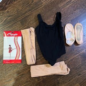 Girls Ballet set l, leather slippers tights and leotard, all used very lightly